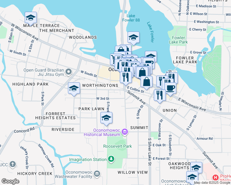 map of restaurants, bars, coffee shops, grocery stores, and more near 119 West 3rd Street in Oconomowoc