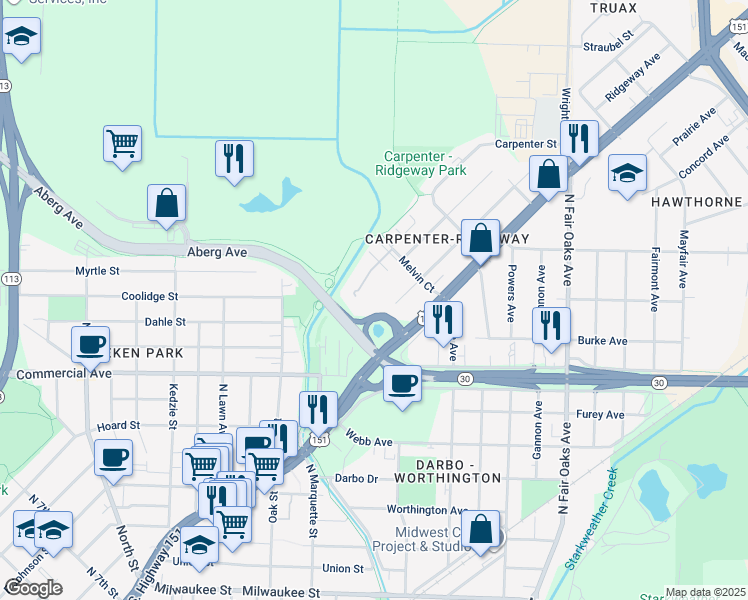 map of restaurants, bars, coffee shops, grocery stores, and more near Aberg Ave in Madison