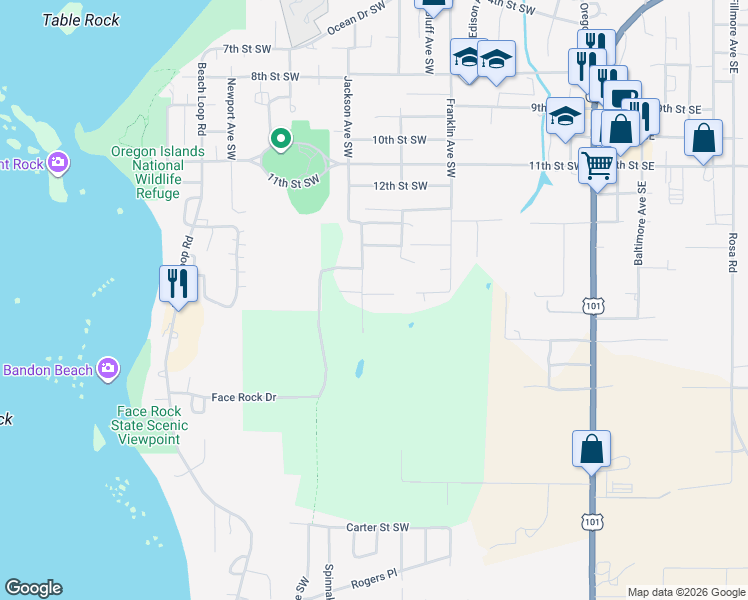 map of restaurants, bars, coffee shops, grocery stores, and more near 55945 Jackson Road in Bandon