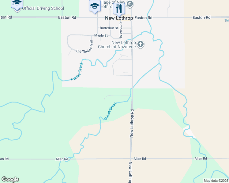 map of restaurants, bars, coffee shops, grocery stores, and more near 9845 Oak Ridge Road in New Lothrop