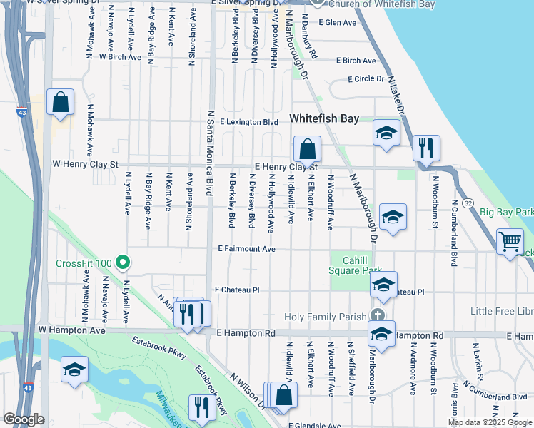 map of restaurants, bars, coffee shops, grocery stores, and more near 5032 North Hollywood Avenue in Whitefish Bay