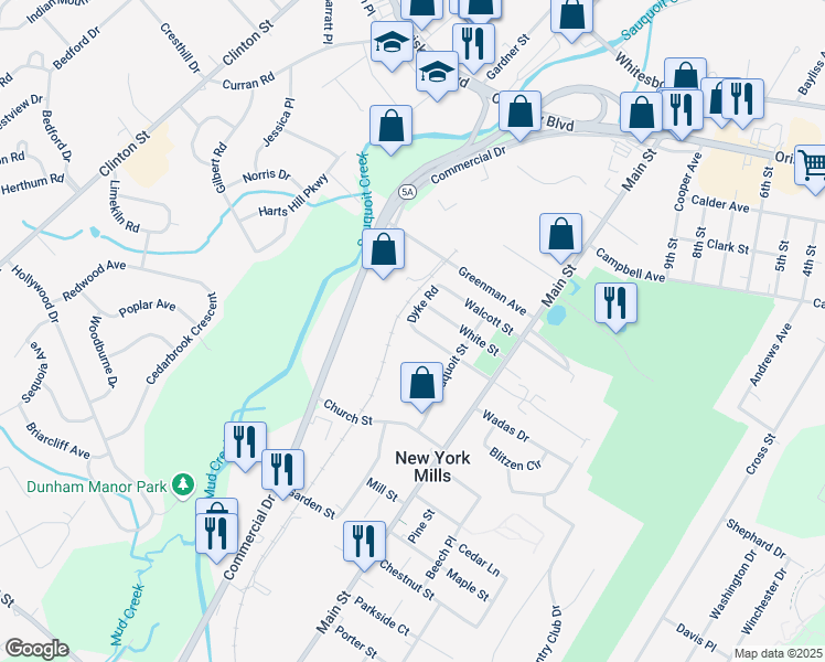 map of restaurants, bars, coffee shops, grocery stores, and more near 98 Dyke Road in New York Mills
