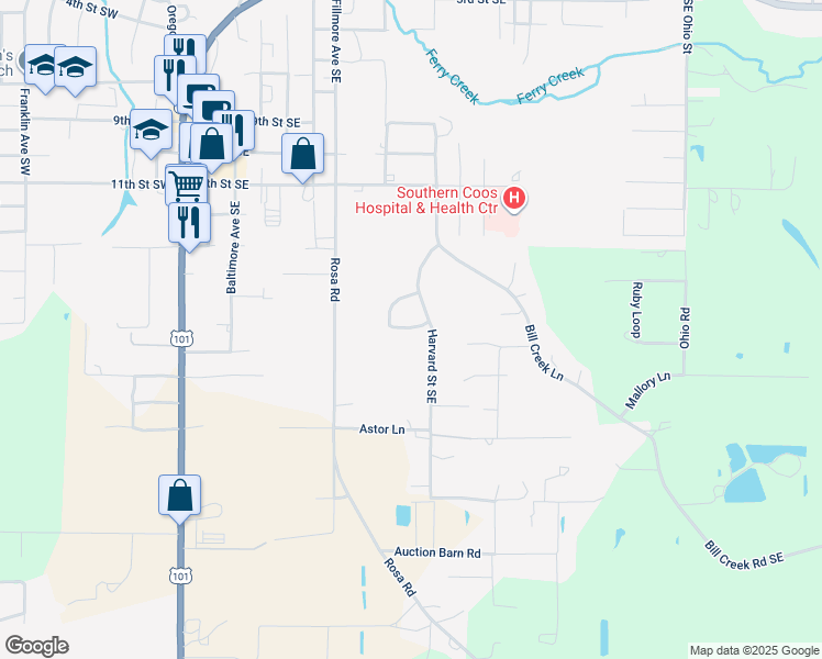 map of restaurants, bars, coffee shops, grocery stores, and more near 87917 Fireside Lane in Bandon