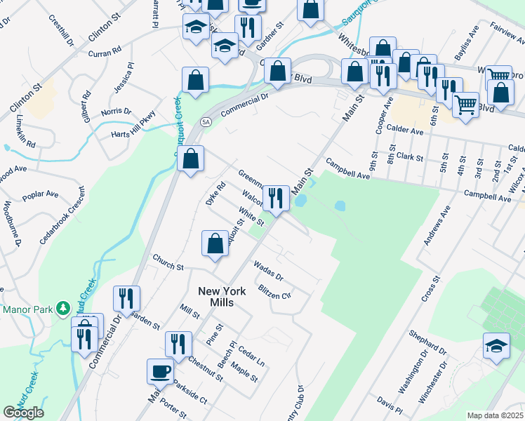 map of restaurants, bars, coffee shops, grocery stores, and more near 13 White Street in New York Mills