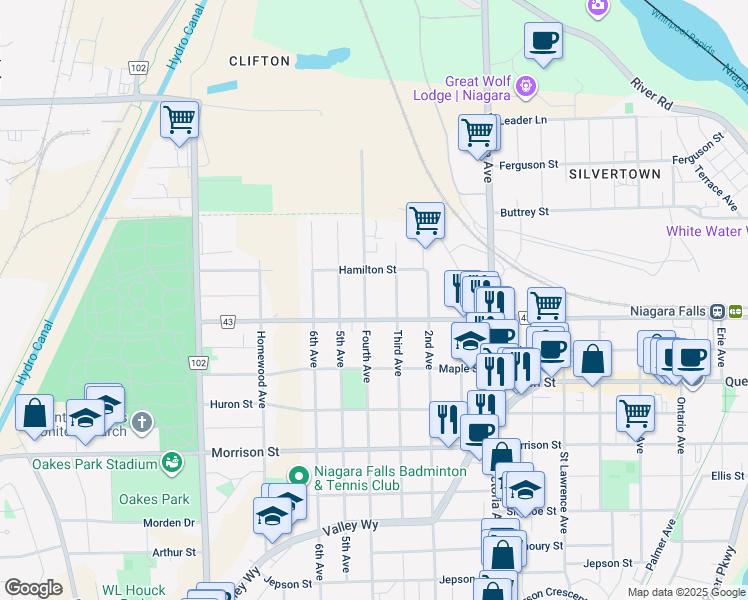map of restaurants, bars, coffee shops, grocery stores, and more near in Niagara Falls