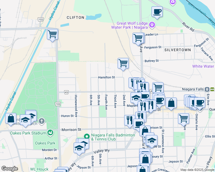 map of restaurants, bars, coffee shops, grocery stores, and more near in Niagara Falls