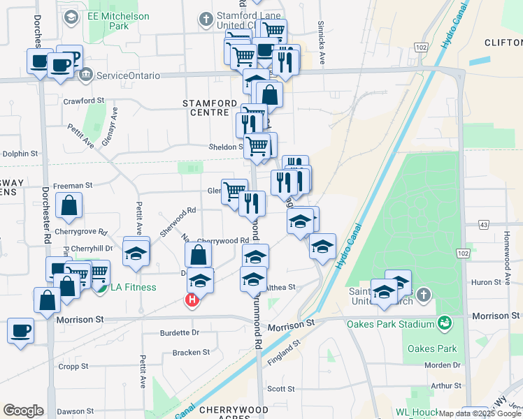map of restaurants, bars, coffee shops, grocery stores, and more near 4500 Drummond Road in Niagara Falls