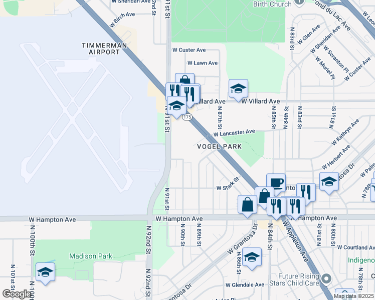 map of restaurants, bars, coffee shops, grocery stores, and more near 5000 North 90th Street in Milwaukee