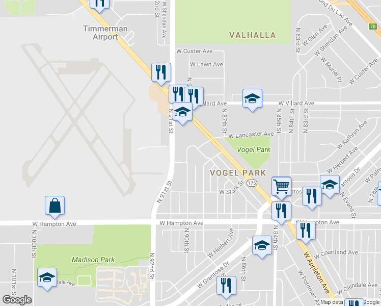 map of restaurants, bars, coffee shops, grocery stores, and more near 5000 North 90th Street in Milwaukee