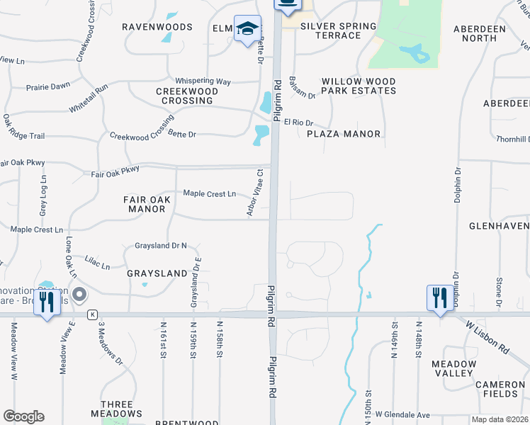 map of restaurants, bars, coffee shops, grocery stores, and more near N50W15565 Honeysuckle Lane in Menomonee Falls