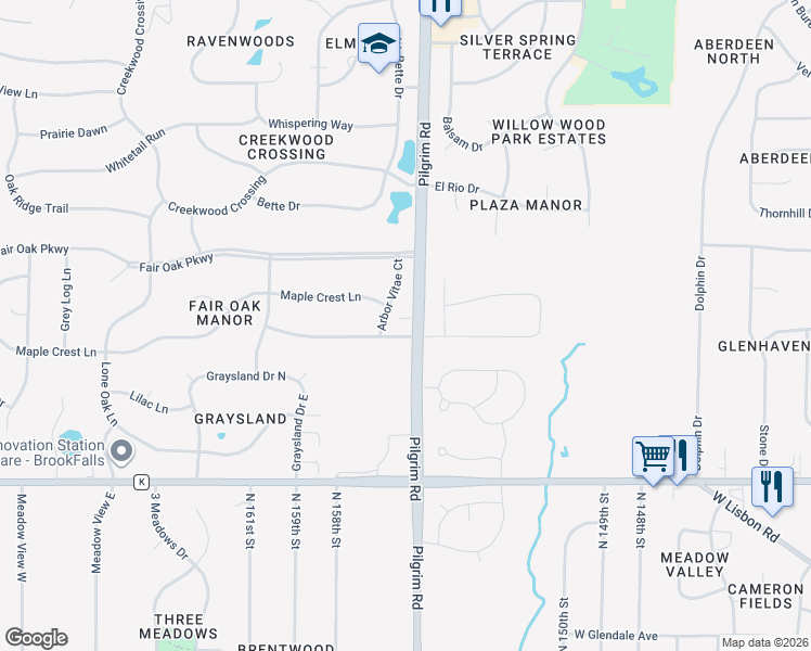 map of restaurants, bars, coffee shops, grocery stores, and more near N50W15565 Honeysuckle Lane in Menomonee Falls
