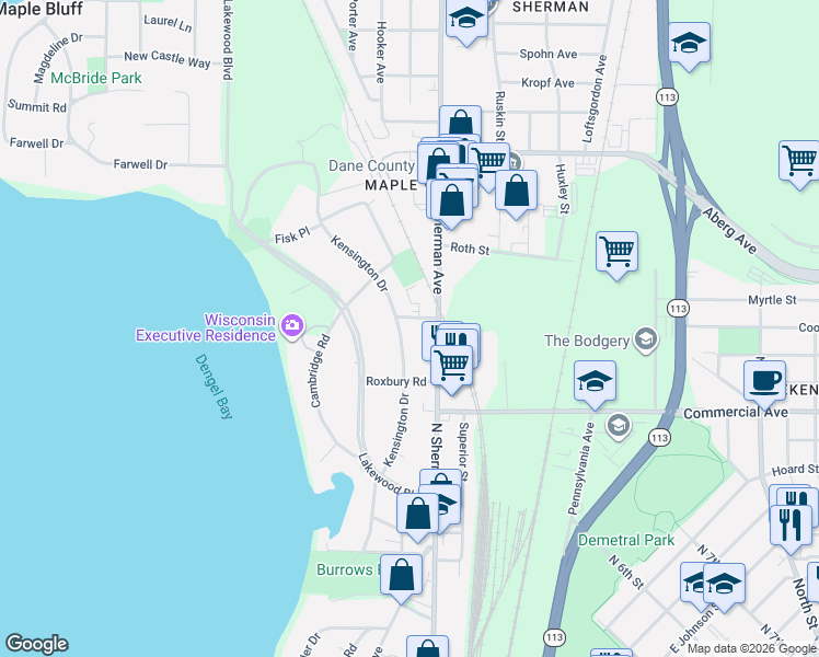 map of restaurants, bars, coffee shops, grocery stores, and more near 221 Kensington Drive in Madison