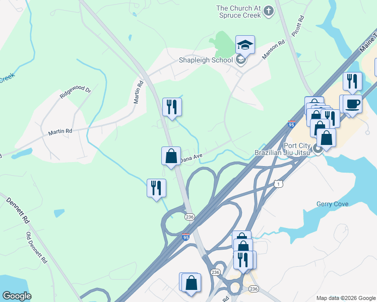 map of restaurants, bars, coffee shops, grocery stores, and more near 24 Dana Avenue in Kittery