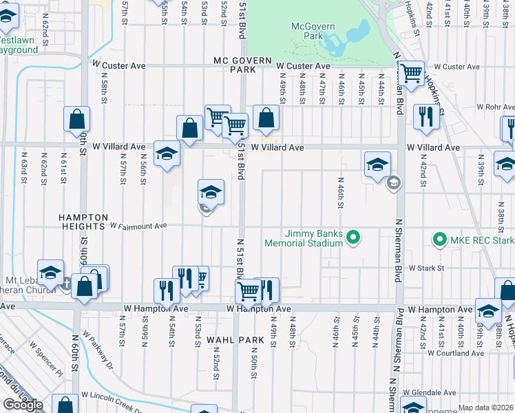 map of restaurants, bars, coffee shops, grocery stores, and more near 4934 West Fairmount Avenue in Milwaukee