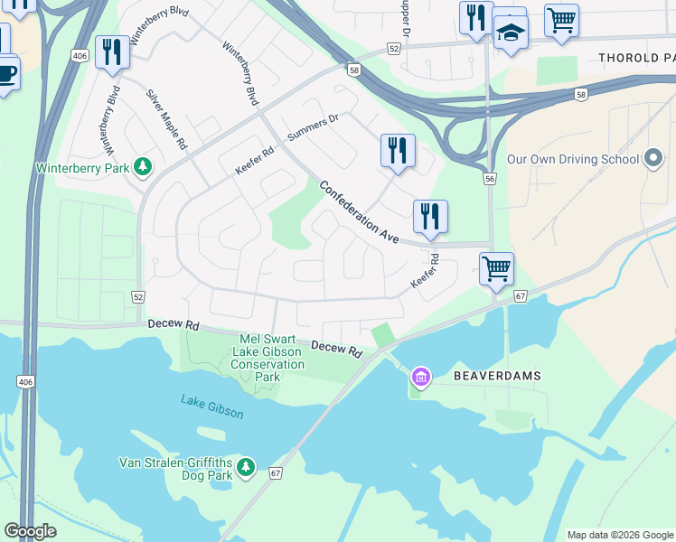 map of restaurants, bars, coffee shops, grocery stores, and more near 30 Buchanan Crescent in Thorold
