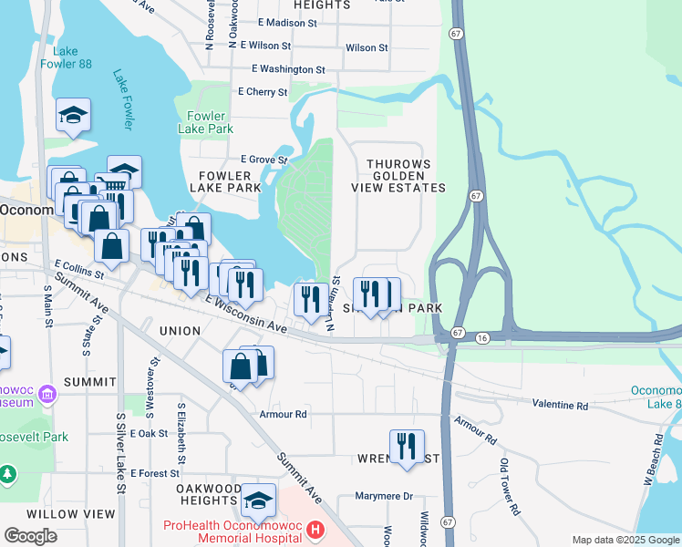 map of restaurants, bars, coffee shops, grocery stores, and more near 200 North Lapham Street in Oconomowoc