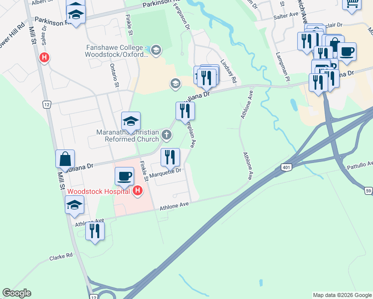 map of restaurants, bars, coffee shops, grocery stores, and more near 439 Champlain Avenue in Woodstock