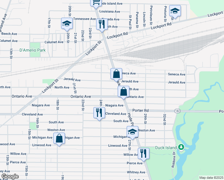 map of restaurants, bars, coffee shops, grocery stores, and more near 2435 Jerauld Avenue in Niagara Falls