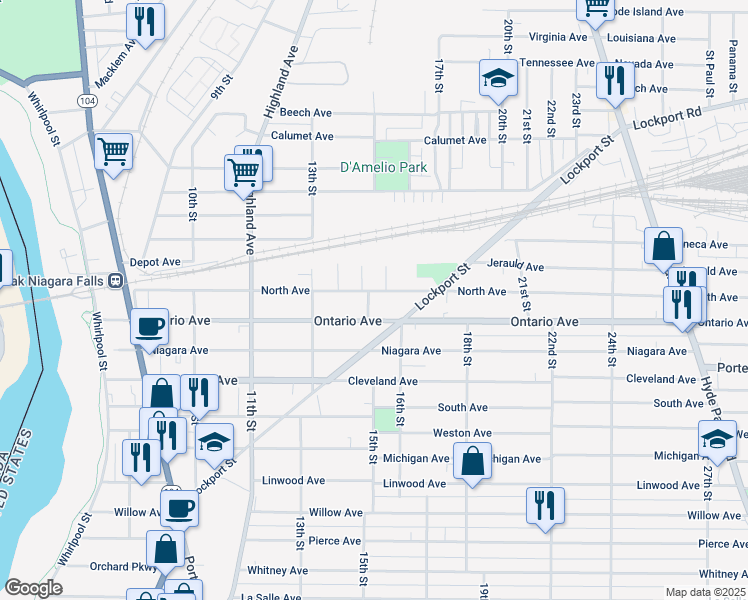 map of restaurants, bars, coffee shops, grocery stores, and more near 2313 15th Street in Niagara Falls