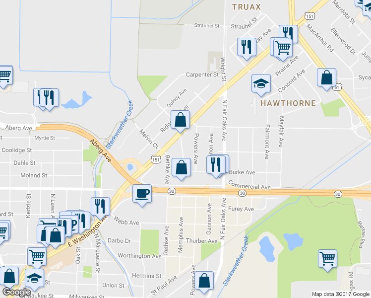 map of restaurants, bars, coffee shops, grocery stores, and more near 3225 East Washington Avenue in Madison