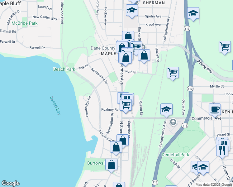 map of restaurants, bars, coffee shops, grocery stores, and more near in Maple Bluff