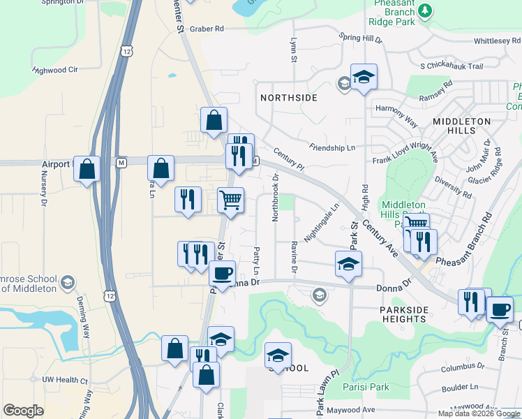 map of restaurants, bars, coffee shops, grocery stores, and more near 3217 Patty Lane in Middleton