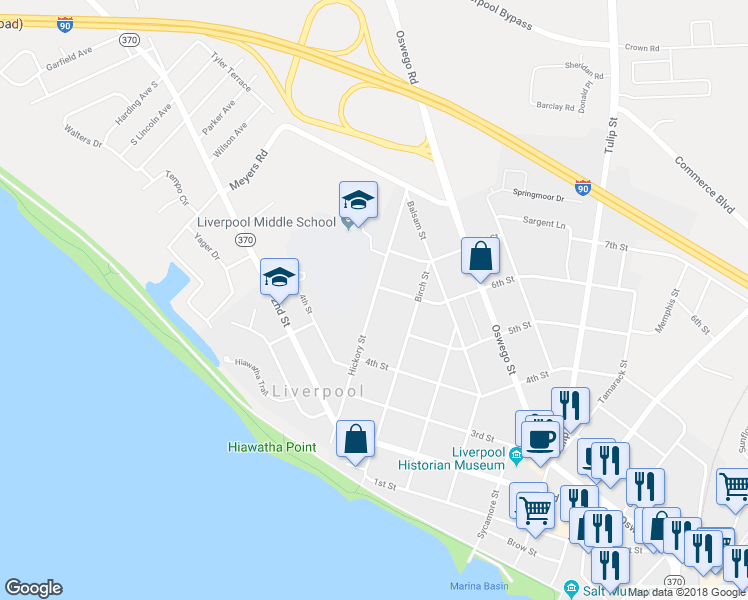 map of restaurants, bars, coffee shops, grocery stores, and more near 598 Hickory Street in Liverpool
