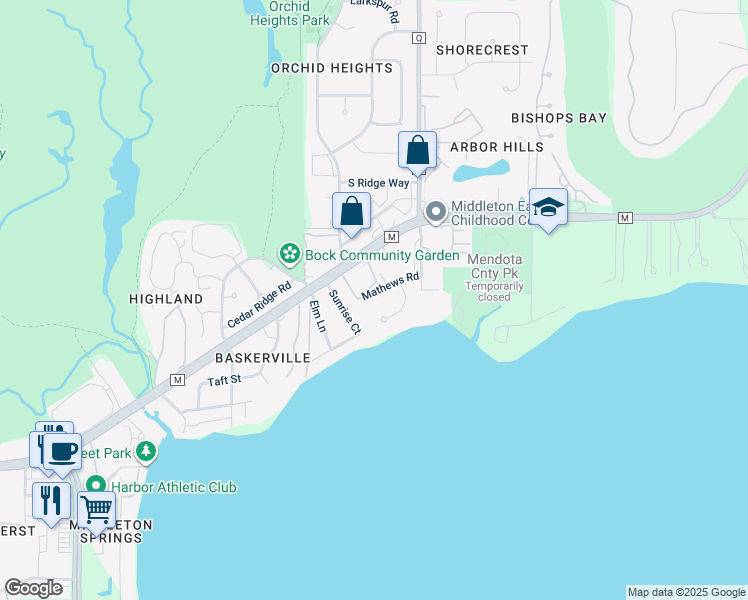 map of restaurants, bars, coffee shops, grocery stores, and more near 5405 Mathews Road in Middleton