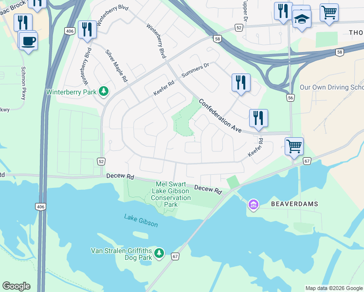 map of restaurants, bars, coffee shops, grocery stores, and more near 34 Tara Crescent in Thorold