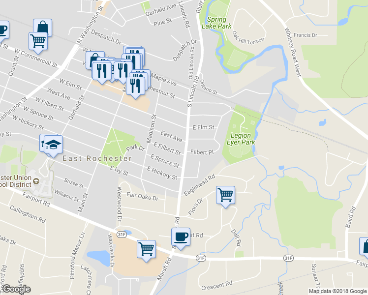 map of restaurants, bars, coffee shops, grocery stores, and more near 505 South Lincoln Road in East Rochester