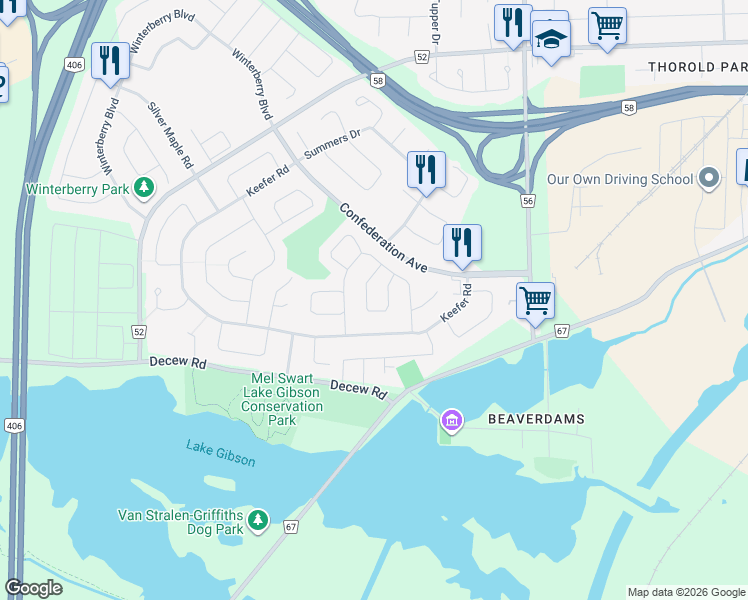 map of restaurants, bars, coffee shops, grocery stores, and more near 21 Buchanan Crescent in Thorold