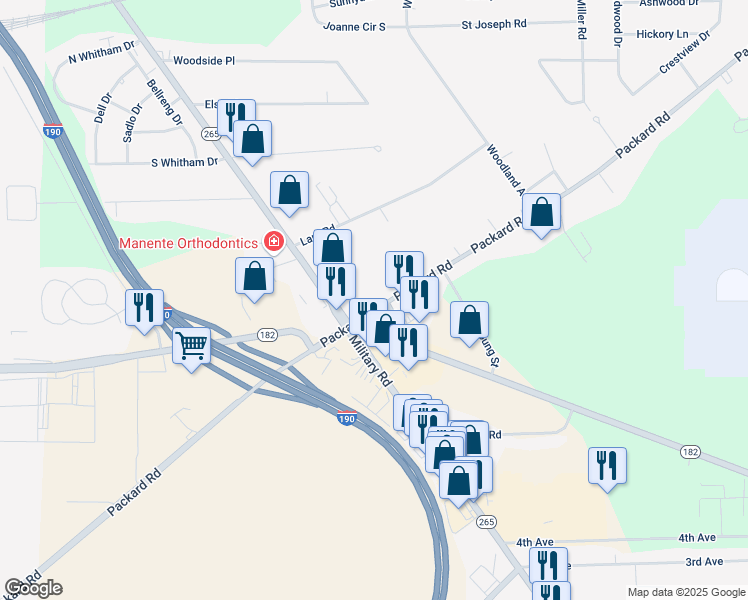 map of restaurants, bars, coffee shops, grocery stores, and more near 7006 Packard Road in Niagara Falls