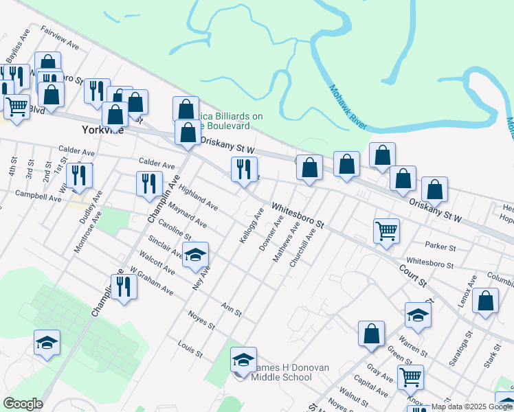 map of restaurants, bars, coffee shops, grocery stores, and more near 2101 Whitesboro Street in Utica