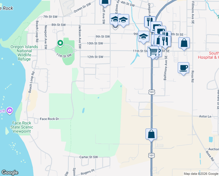 map of restaurants, bars, coffee shops, grocery stores, and more near 55077 Franklin Avenue Southwest in Bandon
