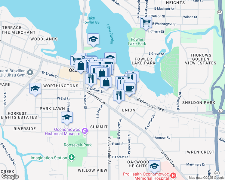 map of restaurants, bars, coffee shops, grocery stores, and more near 115 South Silver Lake Street in Oconomowoc