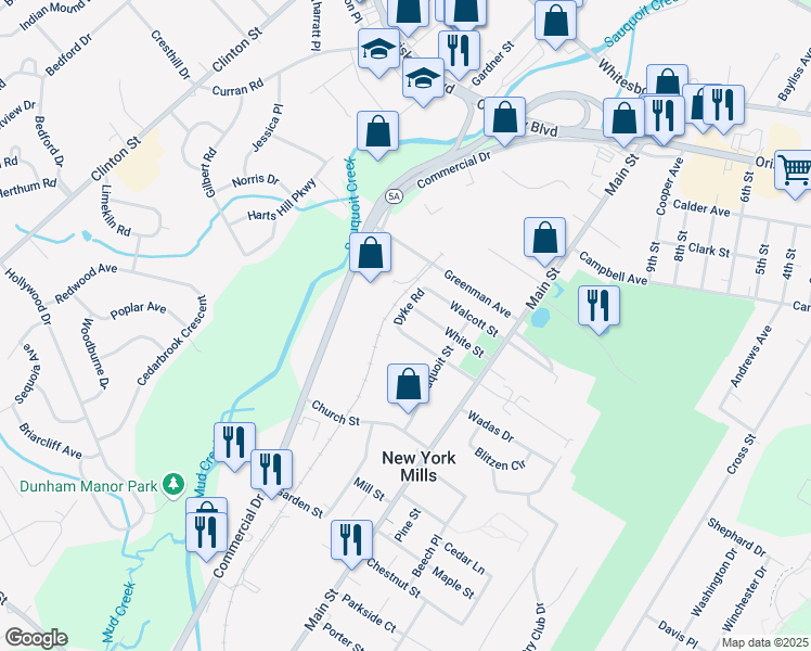 map of restaurants, bars, coffee shops, grocery stores, and more near 40-98 Dyke Rd in New York Mills