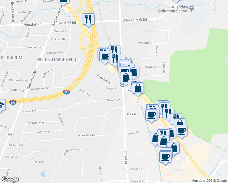 map of restaurants, bars, coffee shops, grocery stores, and more near 52 Clover Park Drive in Rochester