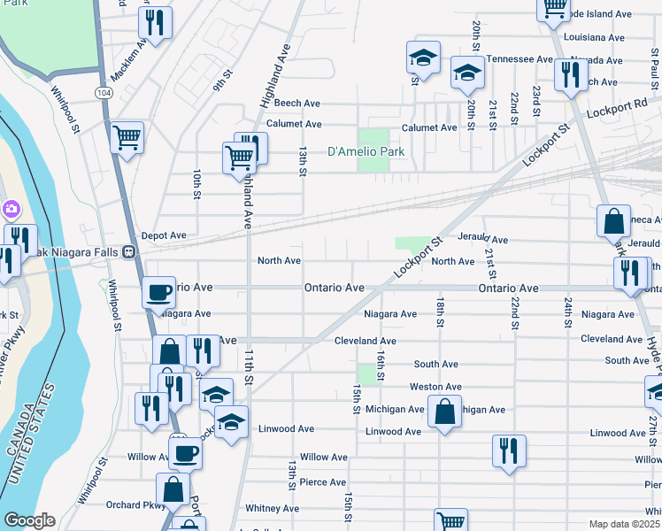 map of restaurants, bars, coffee shops, grocery stores, and more near 2316 14th Street in Niagara Falls