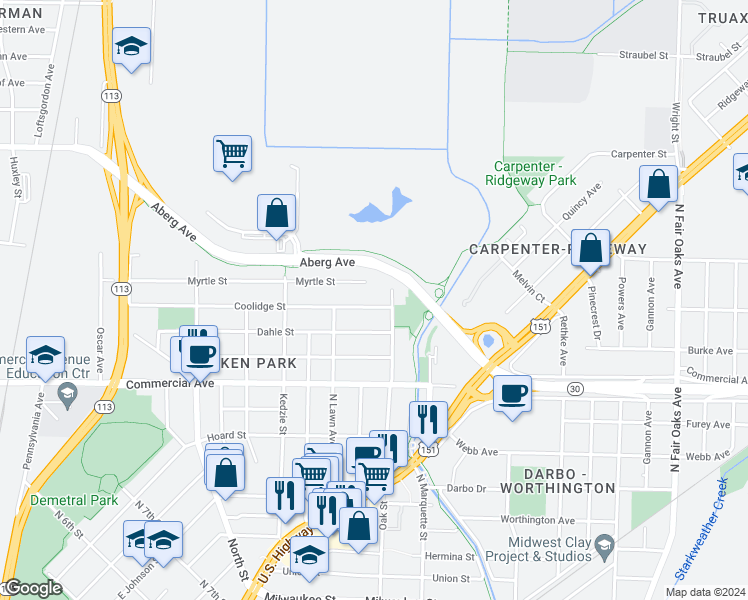 map of restaurants, bars, coffee shops, grocery stores, and more near 914 North Oak Street in Madison