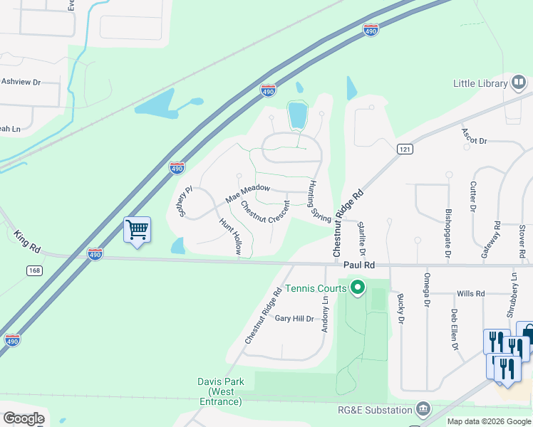 map of restaurants, bars, coffee shops, grocery stores, and more near 14 Mae Meadow in Rochester