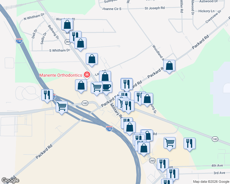map of restaurants, bars, coffee shops, grocery stores, and more near 2749 Military Road in Niagara Falls