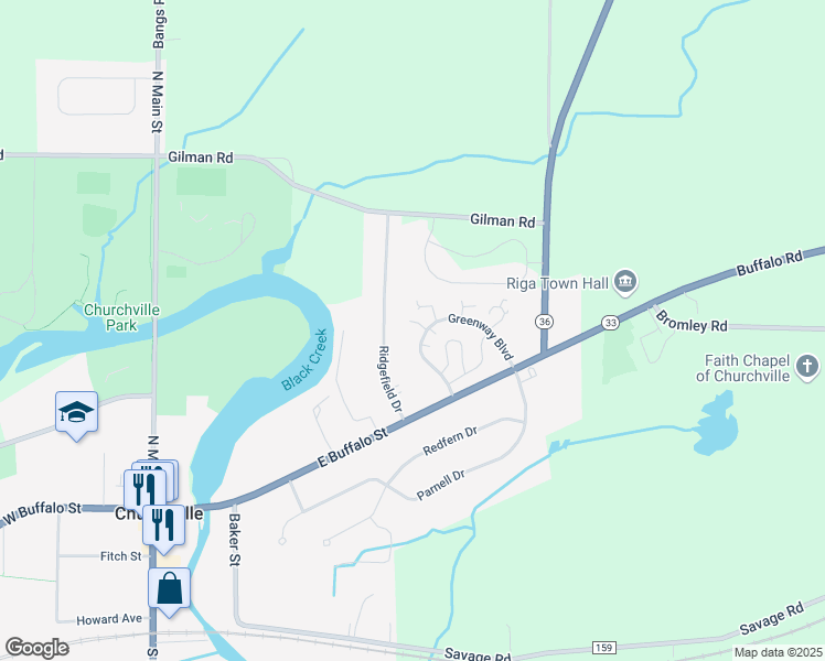 map of restaurants, bars, coffee shops, grocery stores, and more near 178 Greenway Boulevard in Churchville