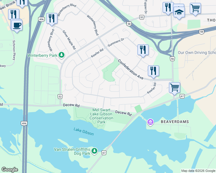 map of restaurants, bars, coffee shops, grocery stores, and more near 36 Tara Crescent in Thorold