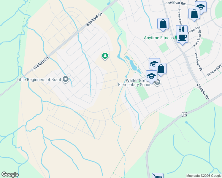 map of restaurants, bars, coffee shops, grocery stores, and more near 2 Cahill Dr in Brantford