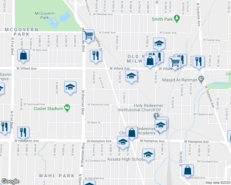 map of restaurants, bars, coffee shops, grocery stores, and more near 5054 North Hopkins Street in Milwaukee