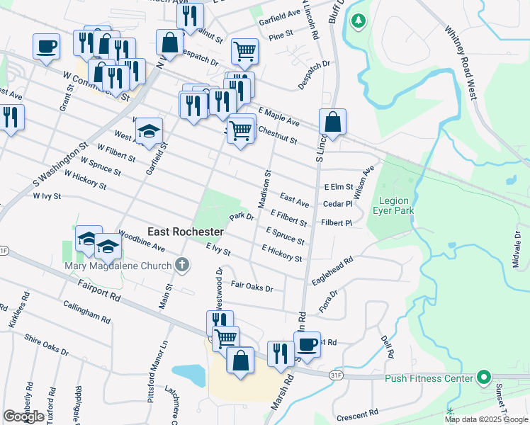 map of restaurants, bars, coffee shops, grocery stores, and more near 508 Madison Street in East Rochester