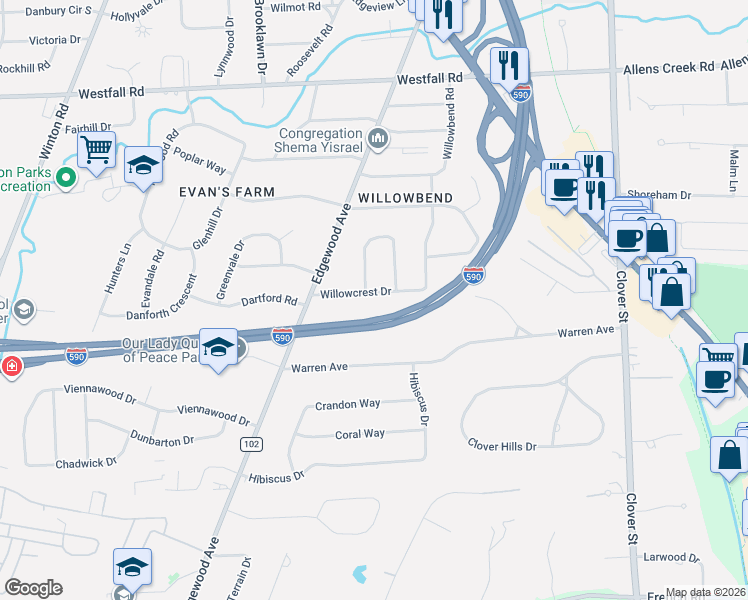 map of restaurants, bars, coffee shops, grocery stores, and more near 15 Shalimar Drive in Rochester