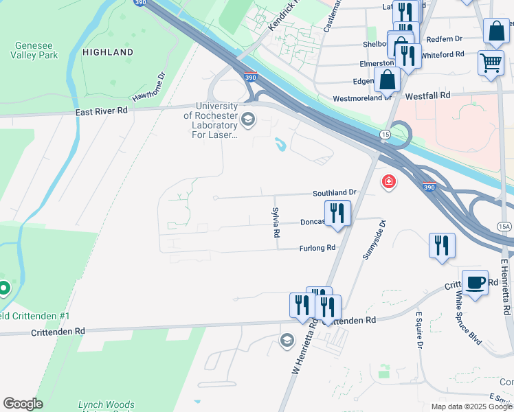map of restaurants, bars, coffee shops, grocery stores, and more near 90 Southland Drive in Rochester