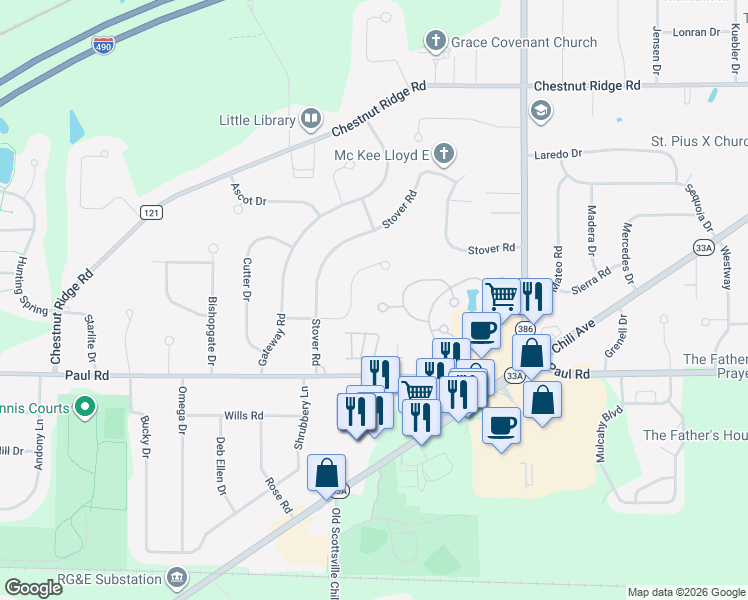 map of restaurants, bars, coffee shops, grocery stores, and more near 22 Wethersfield Road in Rochester