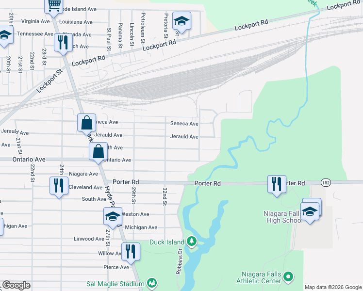 map of restaurants, bars, coffee shops, grocery stores, and more near 3235 Jerauld Avenue in Niagara Falls